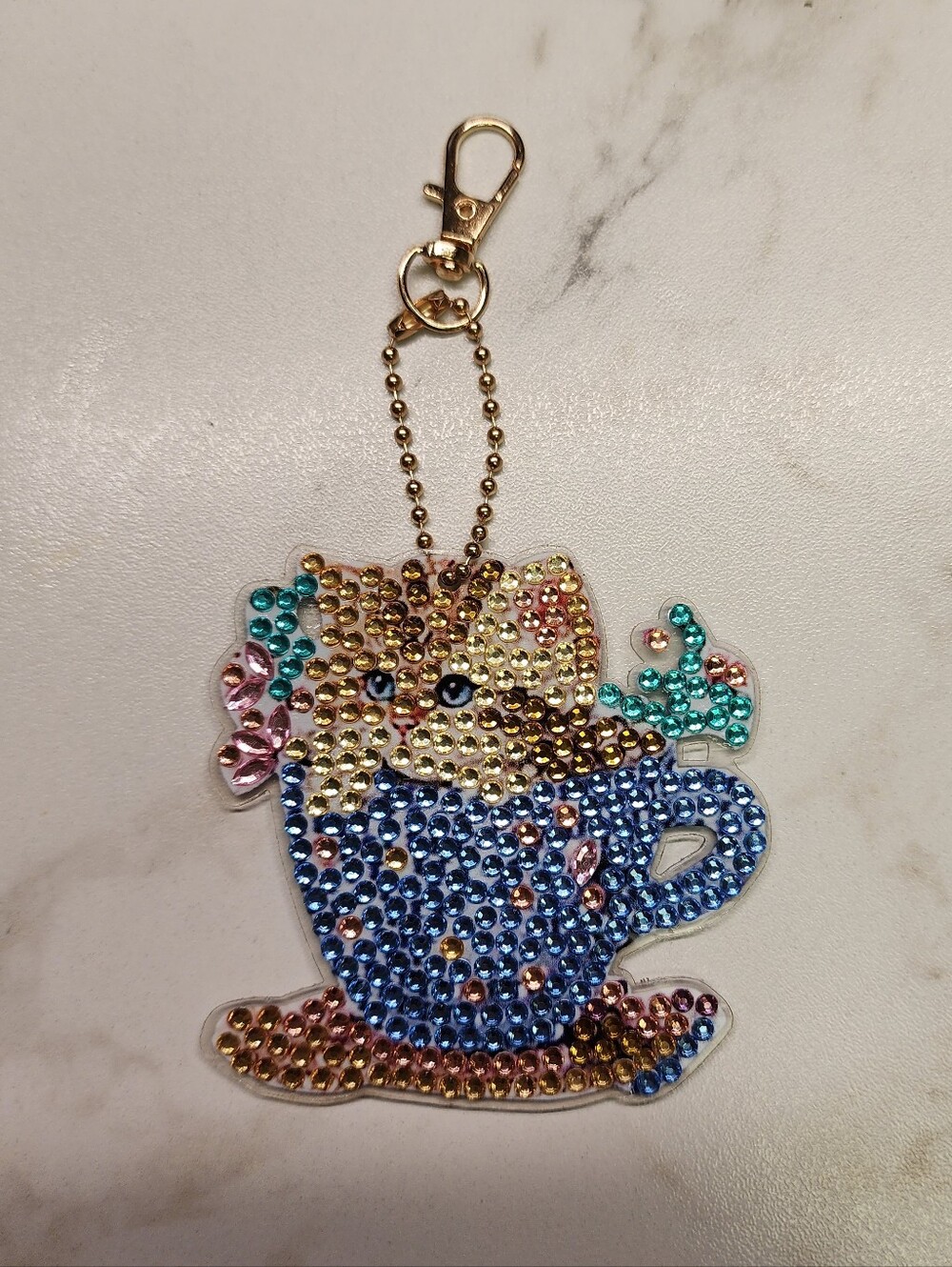 Bejeweled Cat in Teacup Key & Card Holder Charm - Blue & Multicolor